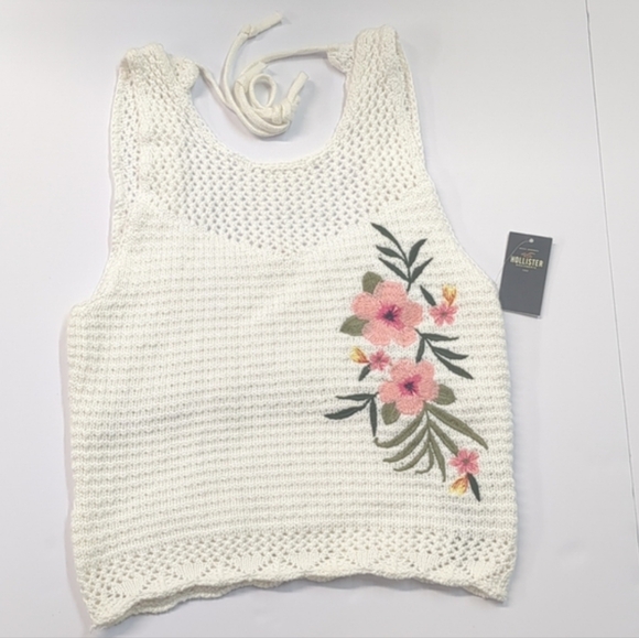 Hollister Tops - Hollister White Knit Embroidered Halter Top NWT